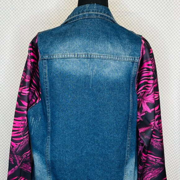 OOAK UpCycled Jean Jacket w/Bright Pink & Black sleeves - S fits like M - Picture 2 of 2